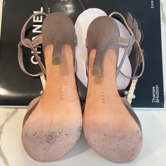 Ivanka Trump Rhinestone & Pearl taupe satin high heels - Picture 7 of 9
